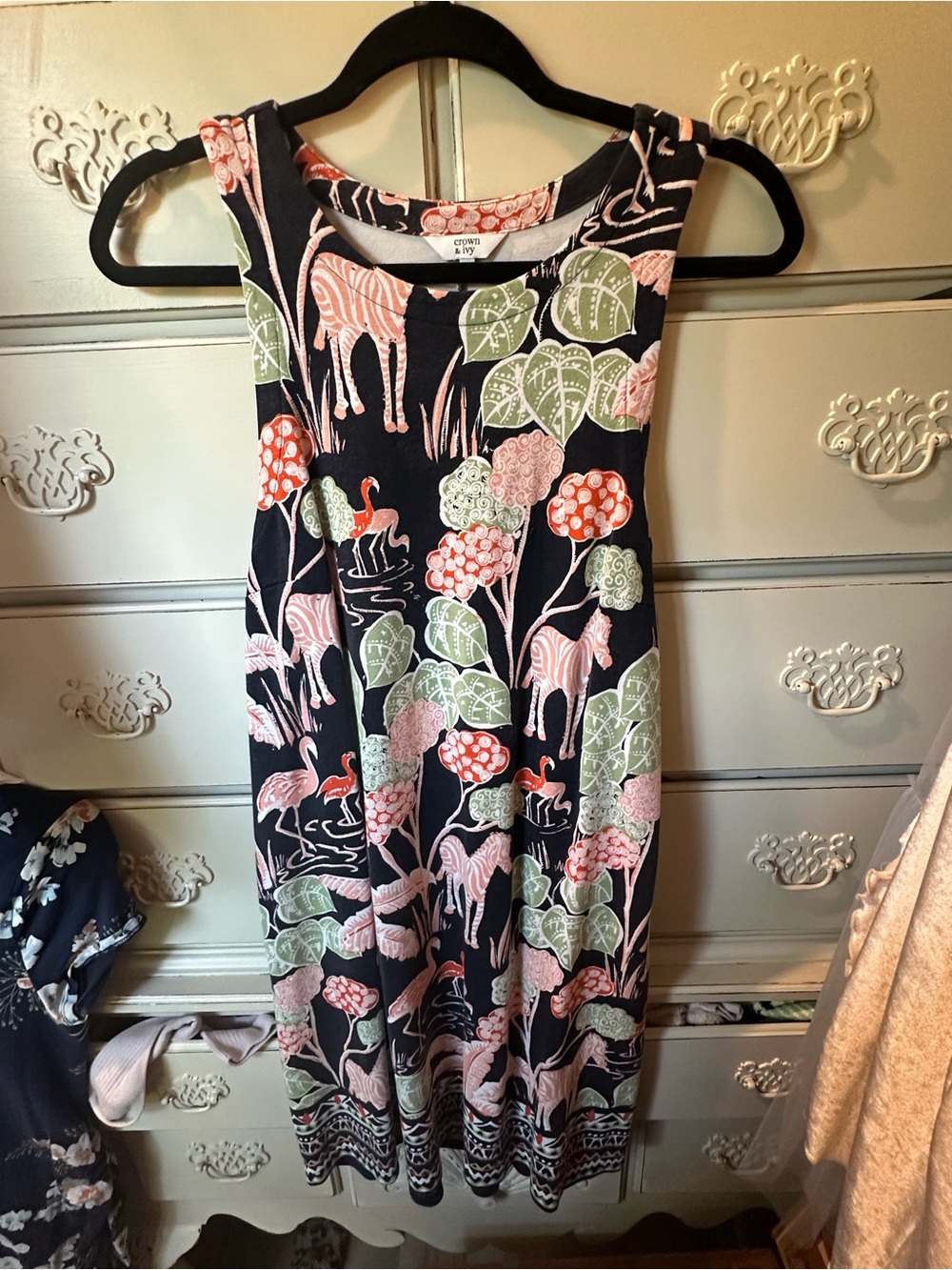 crown & ivy Navy Dress with Pink and Green Tropical Print